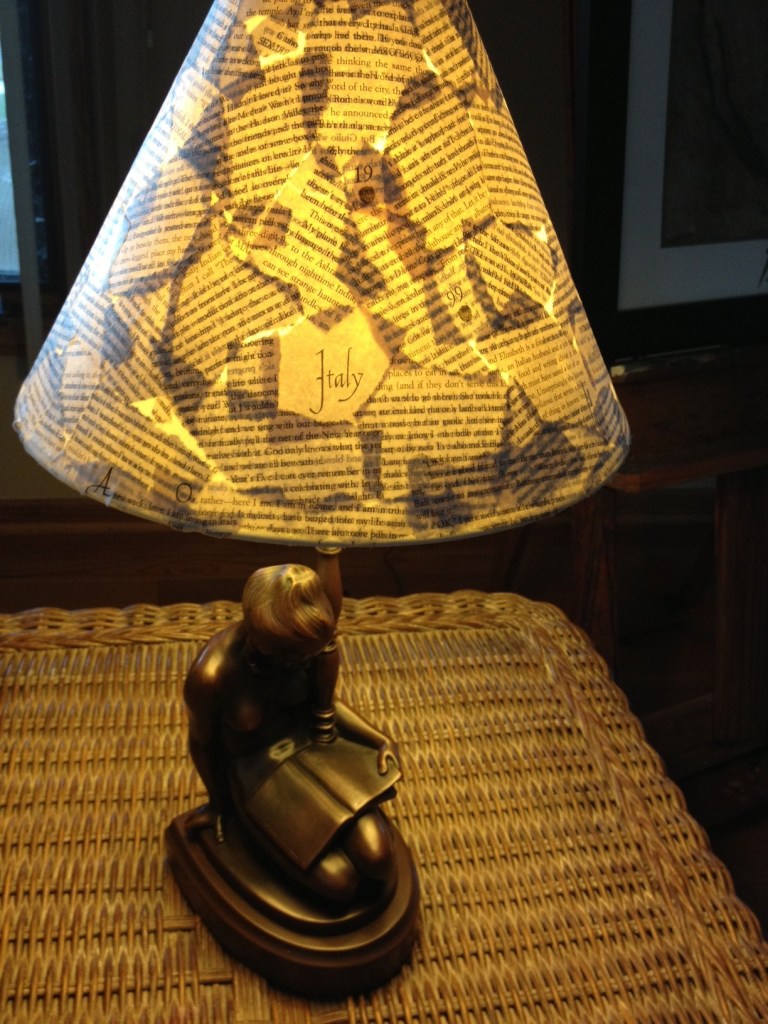 This is how the shade looks lit.  Notice how it takes on interesting patterns from the collage process. Take this into account when you are planning where your pieces will go.  I usually don't think too much about placement unless I'm trying to fill an area or make something show.